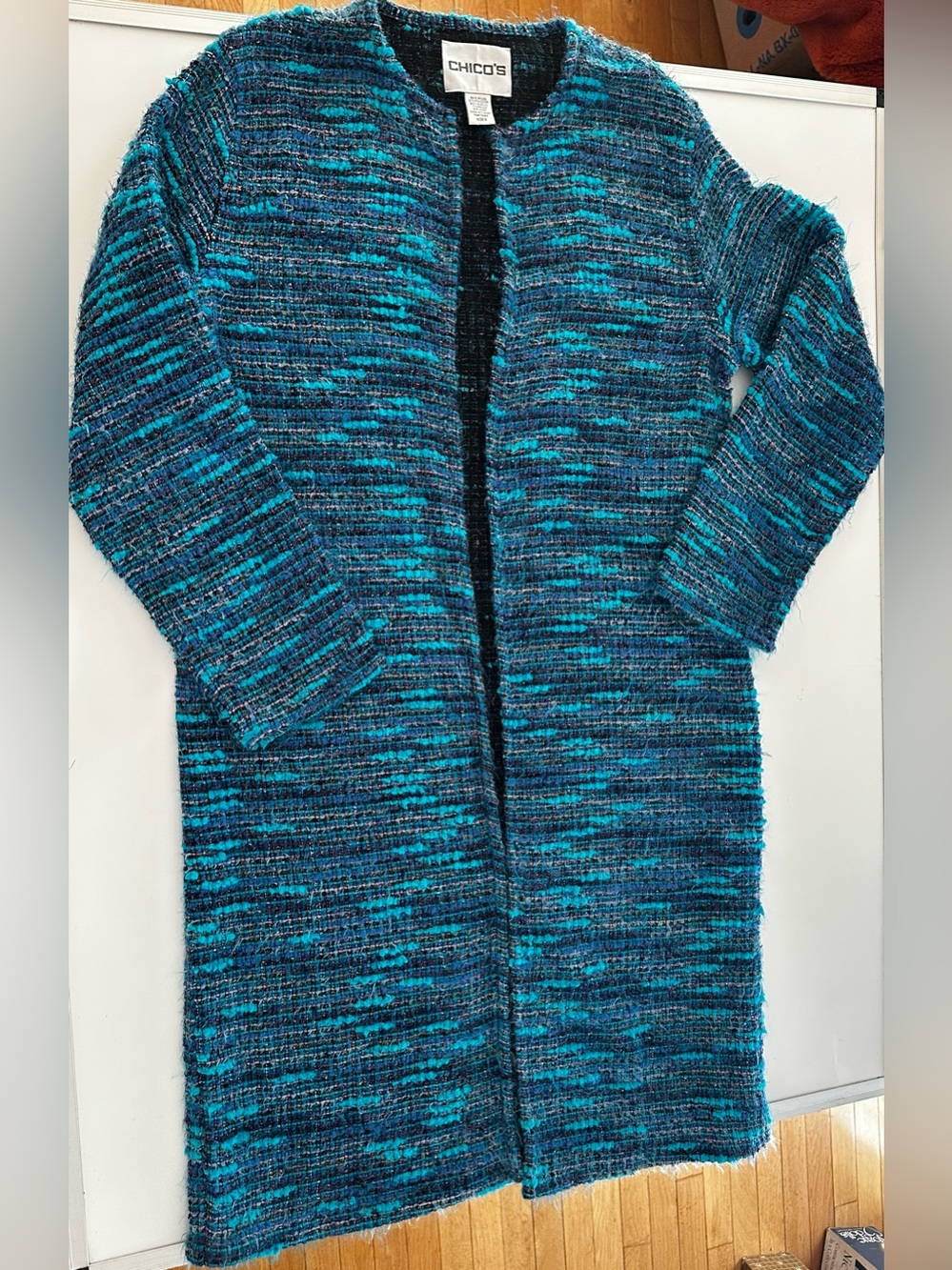 Chicos Womens Sz 0 Blue Woven Long Duster Jacket Open Front Boho Casual Bohemian